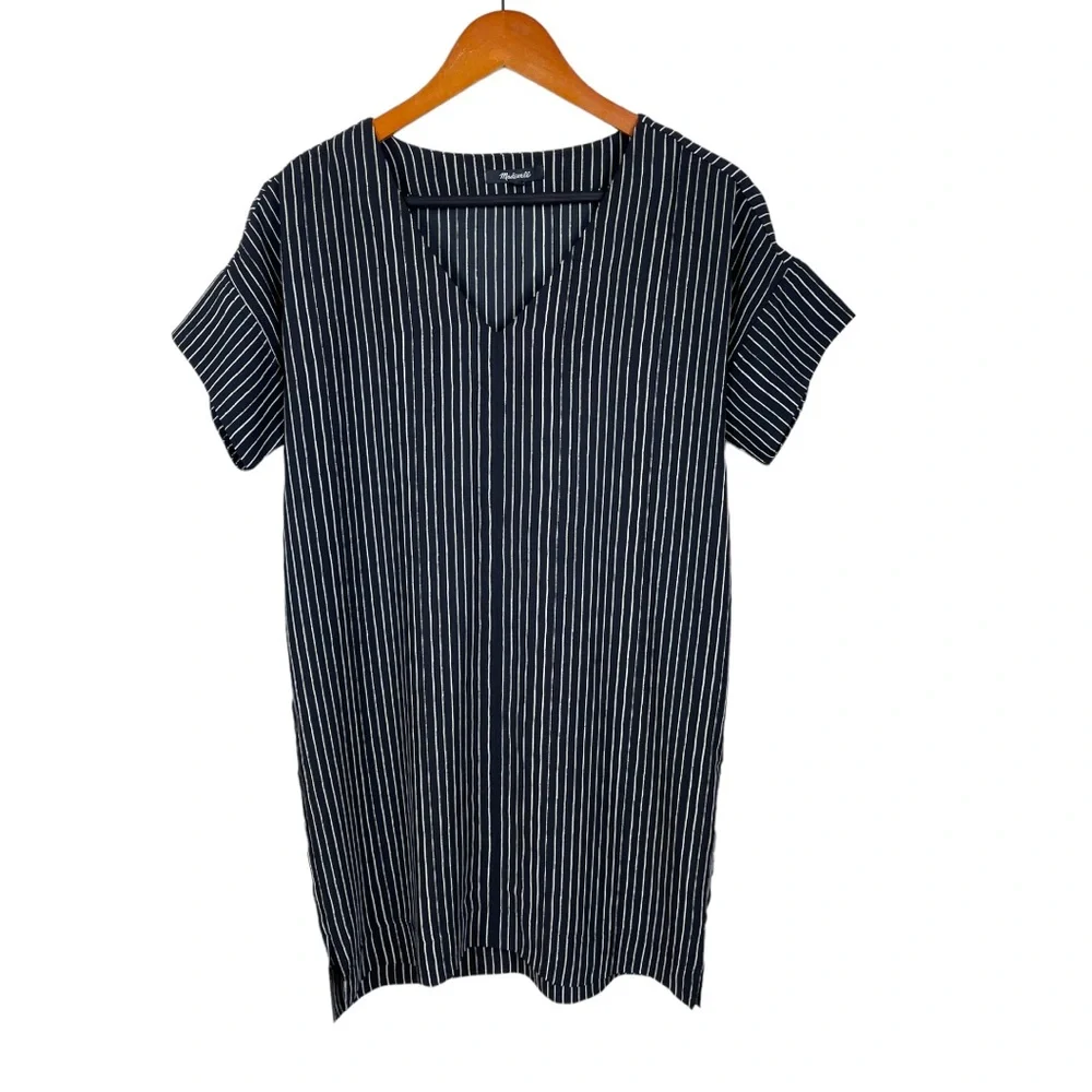 MADEWELL Novel Stripe Shift Dress Black XS V-Neck Casual Tee Dress - Picture 2 of 6